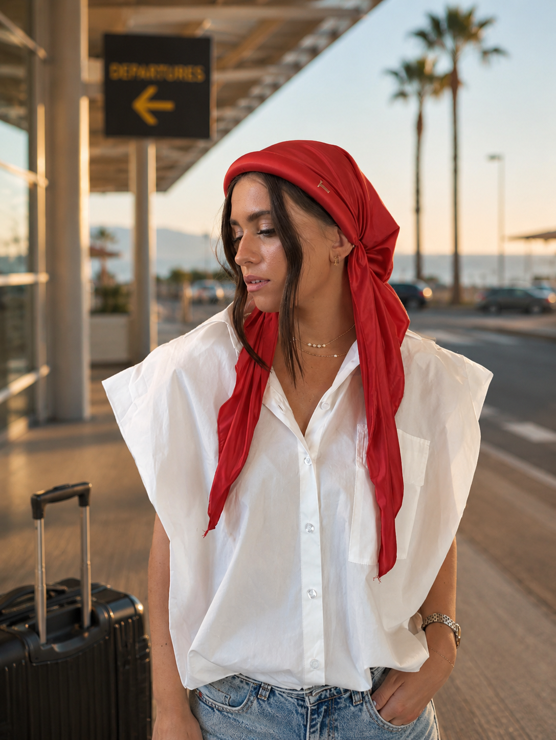 Foulard ANNIE Red Passion porté en voyage